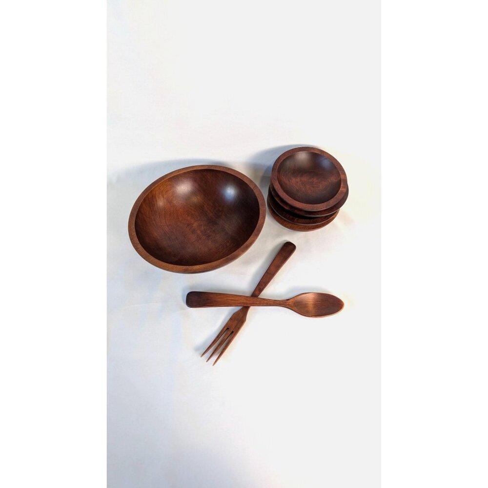 Vintage MCM Baribocraft salad bowl set handcrafted Canadian maple bowls utensils